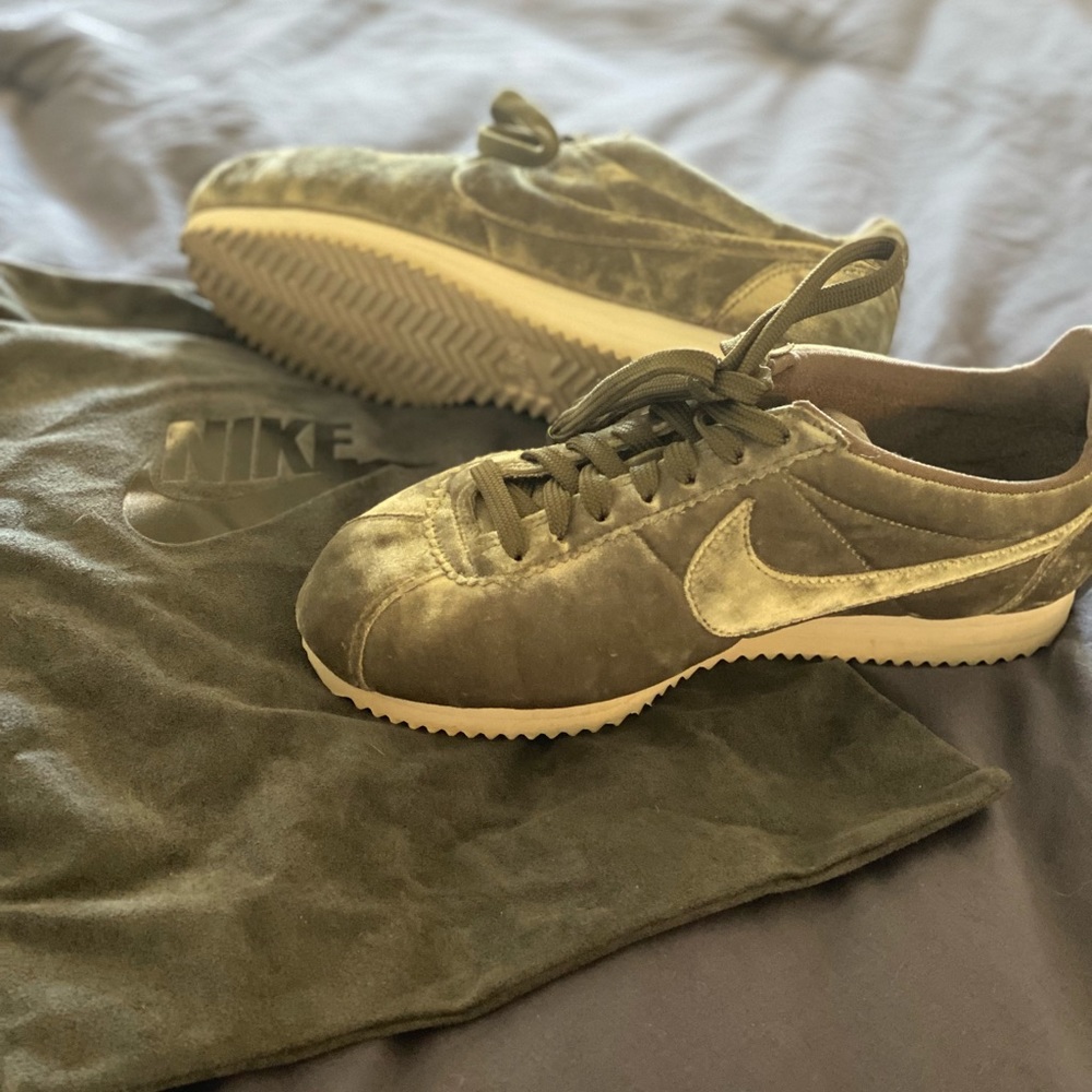 Nike olive green Cortez velvet material